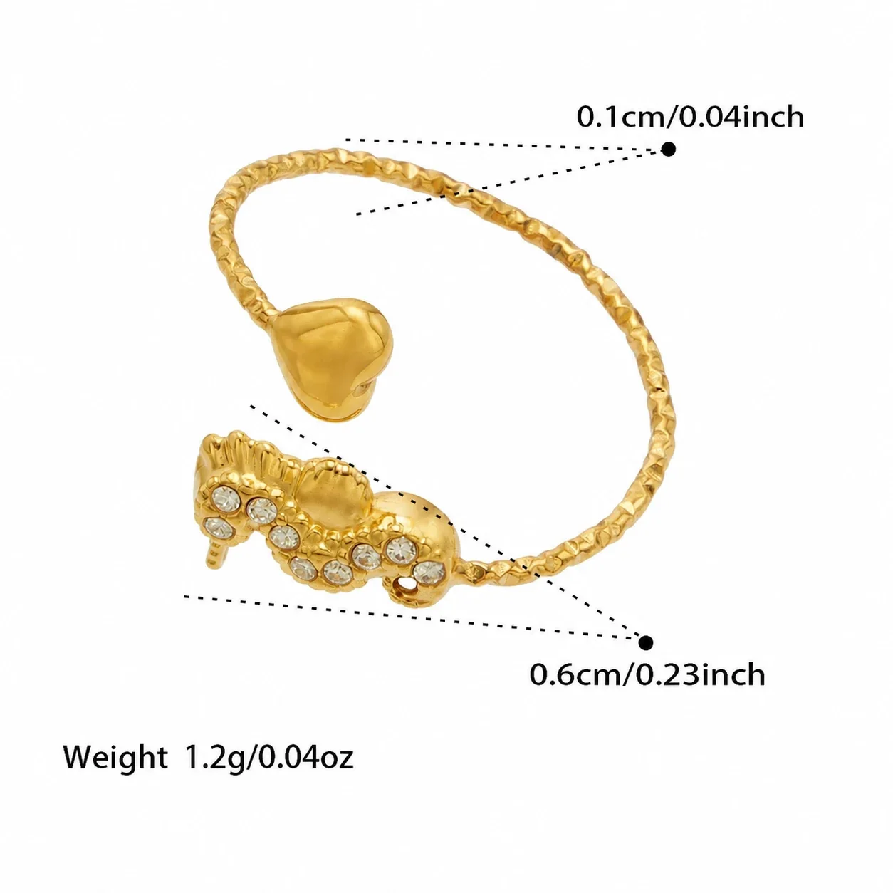 Marine Pavé CZ Heart-Tip Stainless Steel Open Ring - Gold White CZ Seahorse