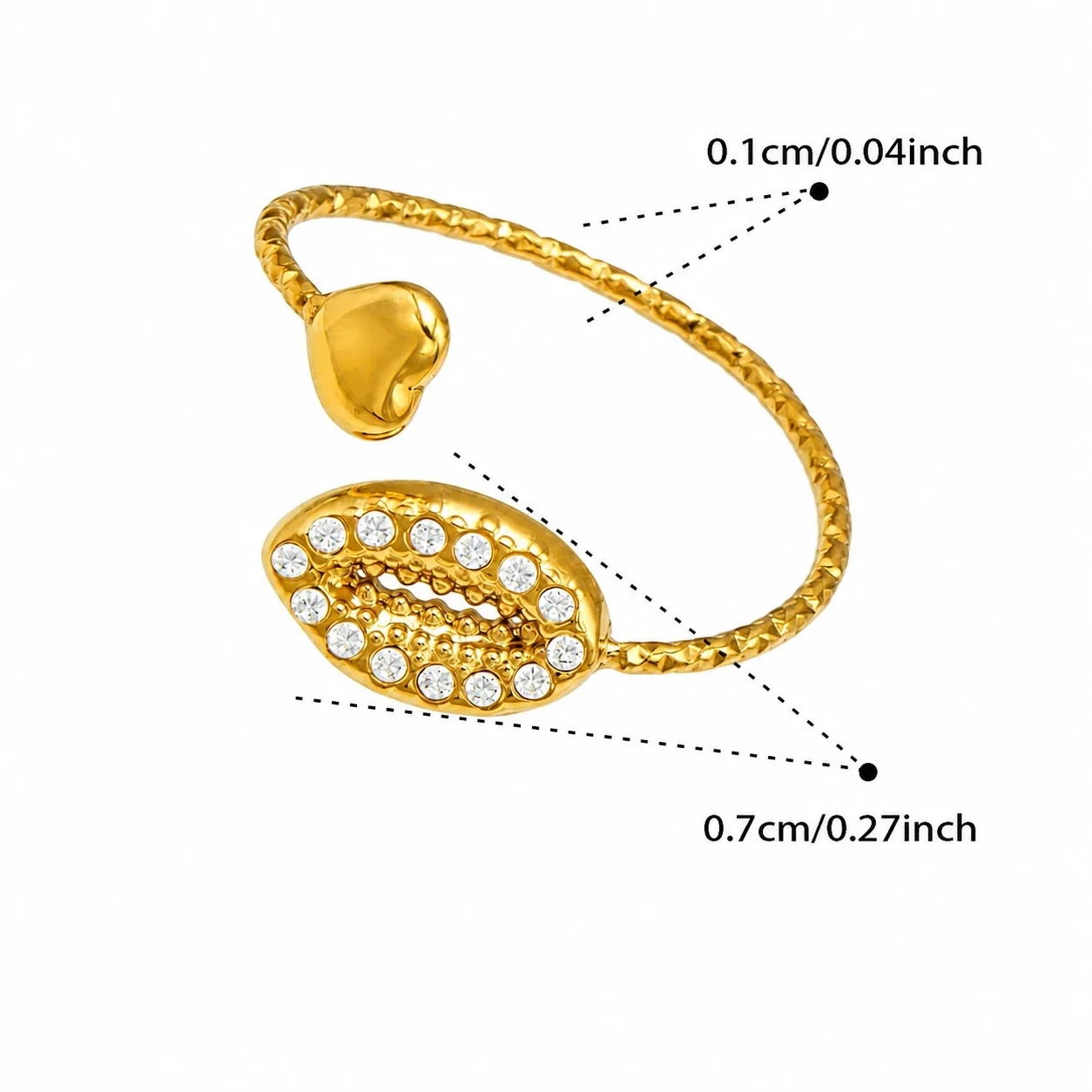Marine Pavé CZ Heart-Tip Stainless Steel Open Ring - Gold White CZ Shell