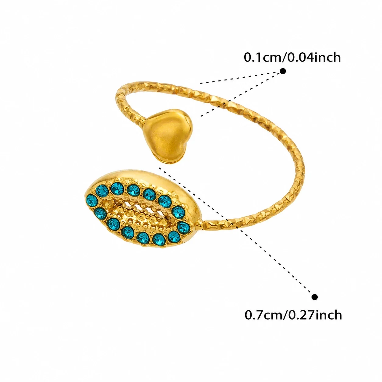 Marine Pavé CZ Heart-Tip Stainless Steel Open Ring - Gold Blue CZ Shell