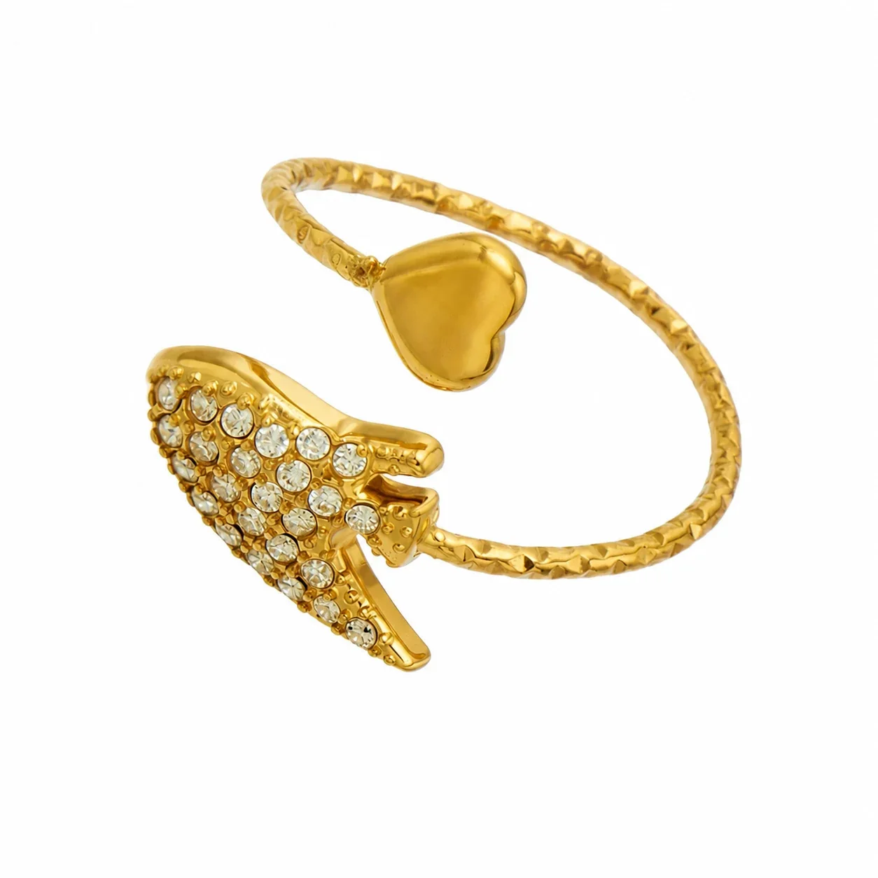 Marine Pavé CZ Heart-Tip Stainless Steel Open Ring - Gold White CZ Manta Ray