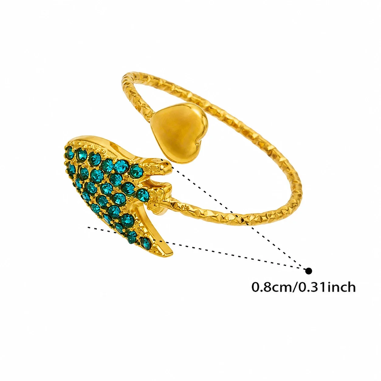 Marine Pavé CZ Heart-Tip Stainless Steel Open Ring - Gold Blue CZ Manta Ray