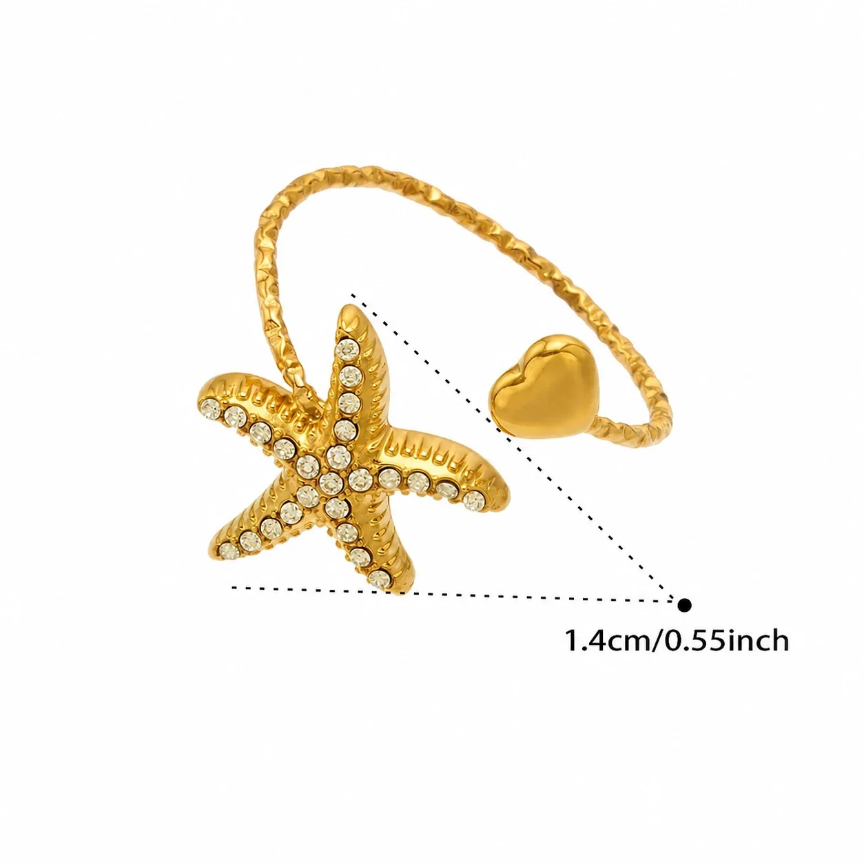 Marine Pavé CZ Heart-Tip Stainless Steel Open Ring - Gold White CZ Starfish