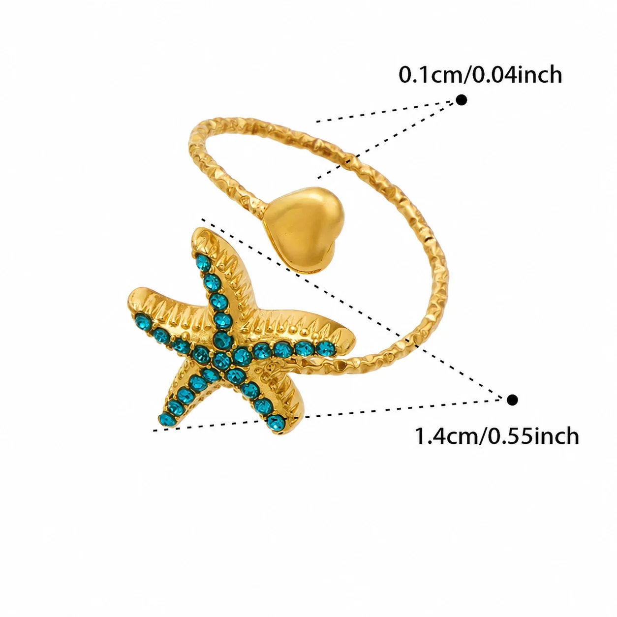 Marine Pavé CZ Heart-Tip Stainless Steel Open Ring - Gold Blue CZ Starfish