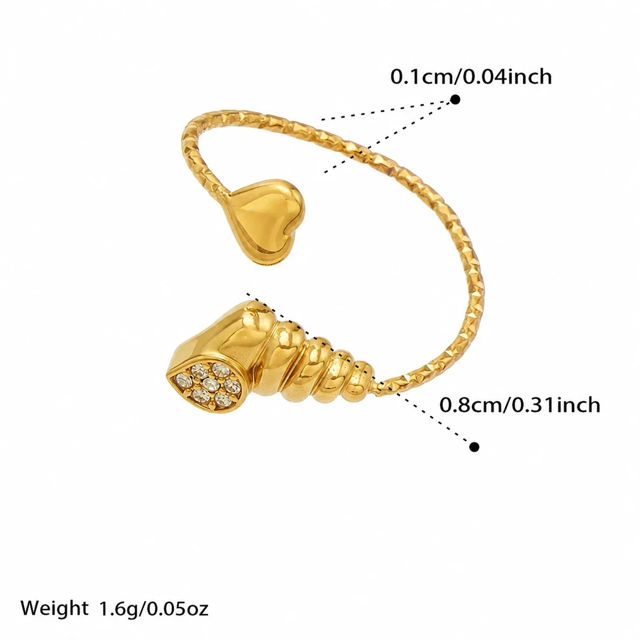 Marine Pavé CZ Heart-Tip Stainless Steel Open Ring - Gold White CZ Spiral Shell