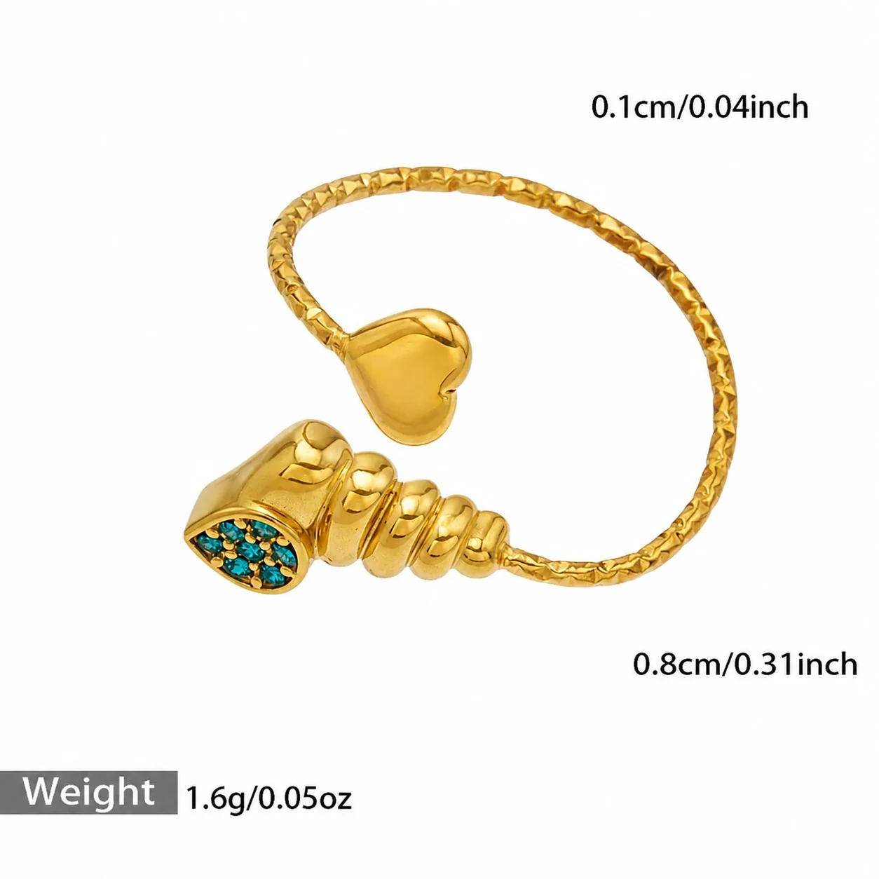 Marine Pavé CZ Heart-Tip Stainless Steel Open Ring - Gold Blue CZ Spiral Shell