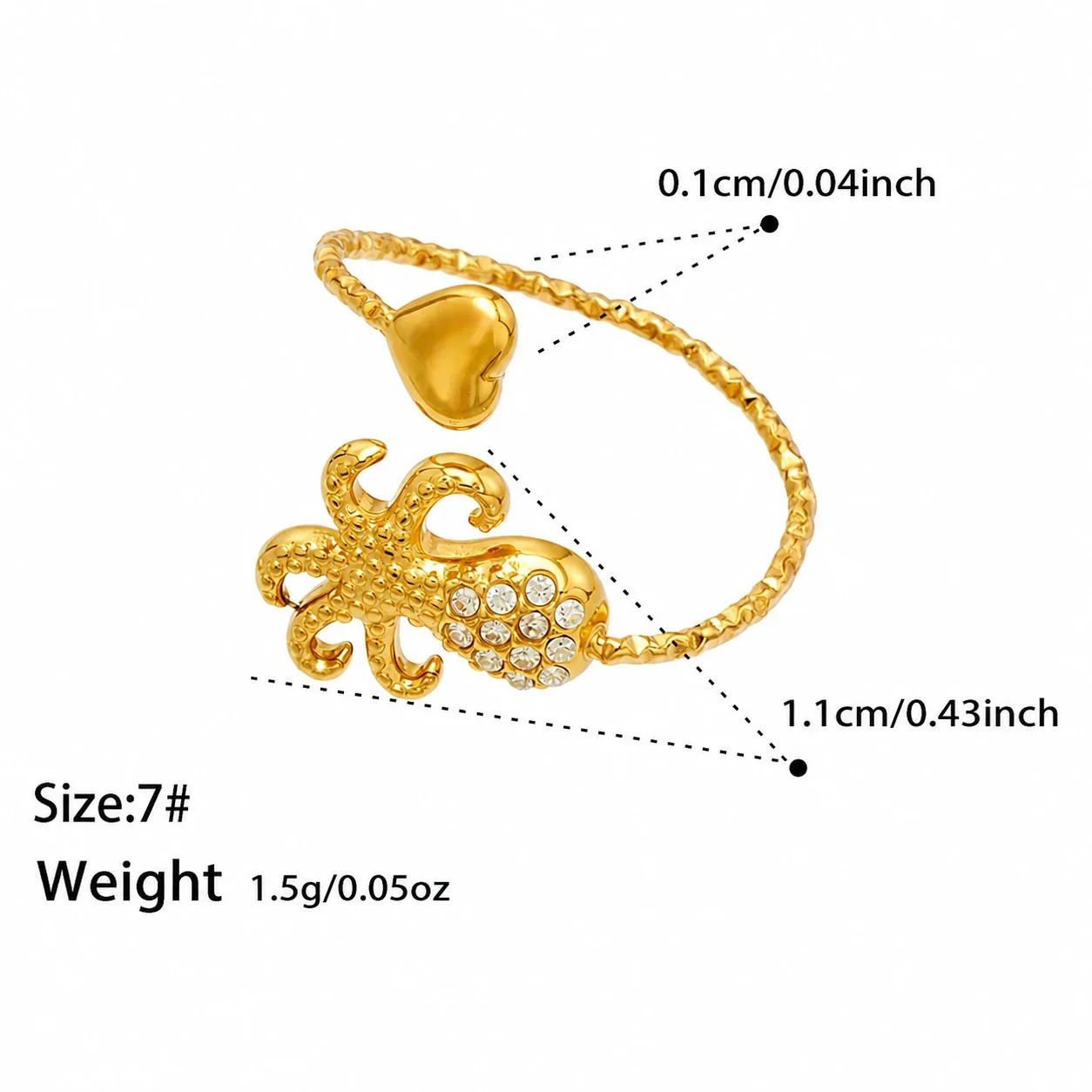Marine Pavé CZ Heart-Tip Stainless Steel Open Ring - Gold White CZ Octopus