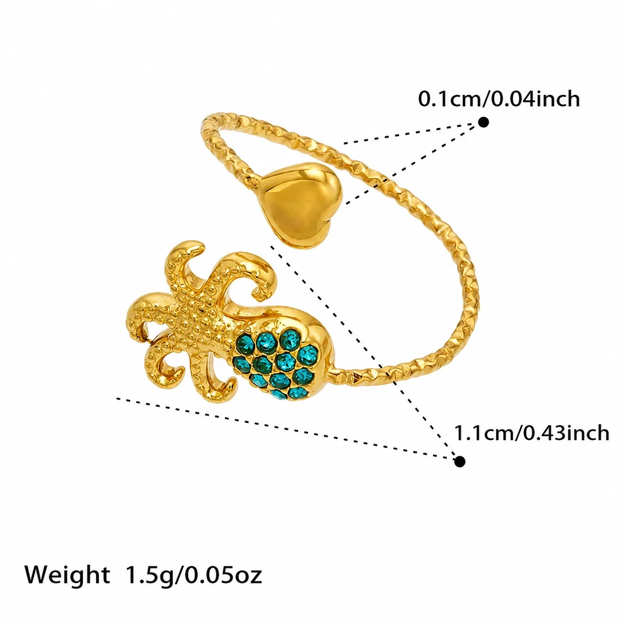 Marine Pavé CZ Heart-Tip Stainless Steel Open Ring - Gold Blue CZ Octopus