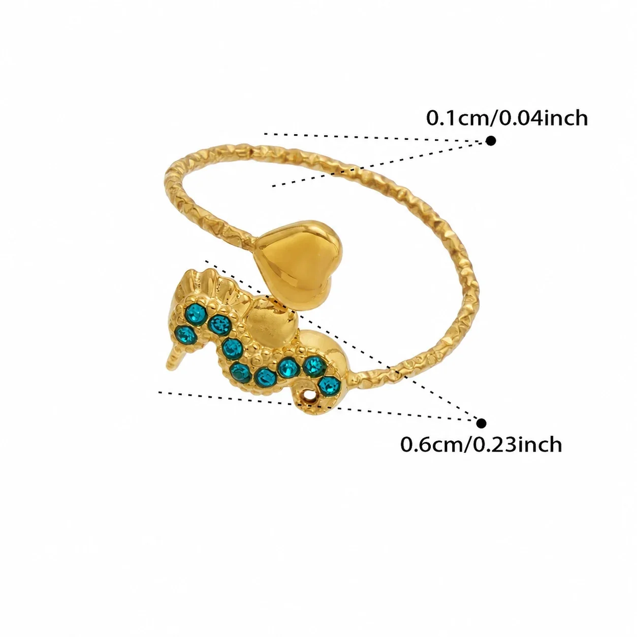 Marine Pavé CZ Heart-Tip Stainless Steel Open Ring - Gold Blue CZ Seahorse