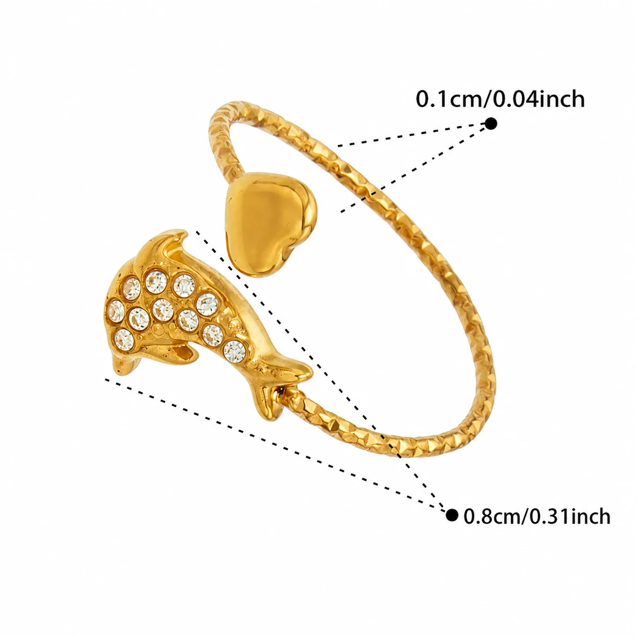 Marine Pavé CZ Heart-Tip Stainless Steel Open Ring - Gold White CZ Dolphin