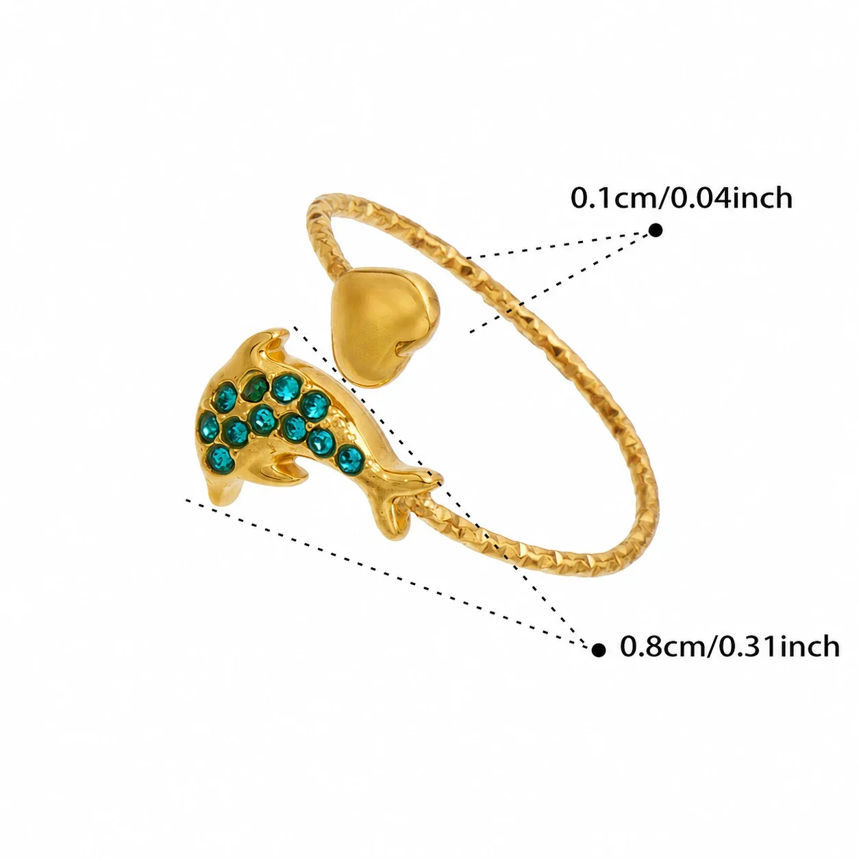 Marine Pavé CZ Heart-Tip Stainless Steel Open Ring - Gold Blue CZ Dolphin
