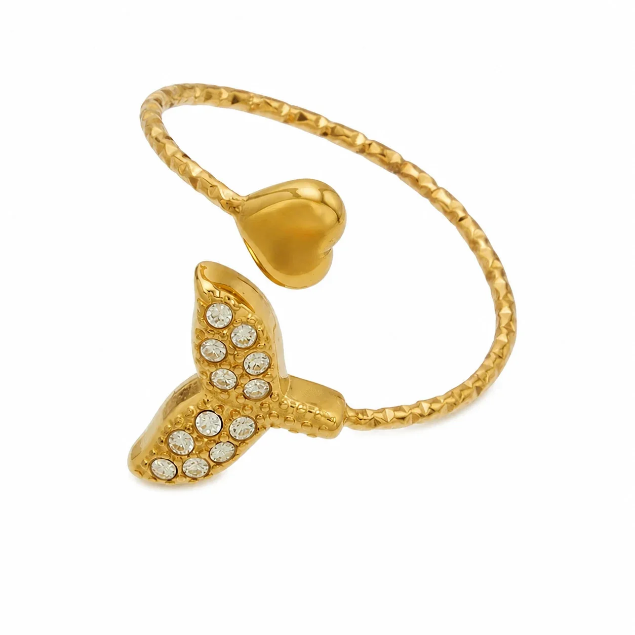 Marine Pavé CZ Heart-Tip Stainless Steel Open Ring - Gold White CZ Fish Tail