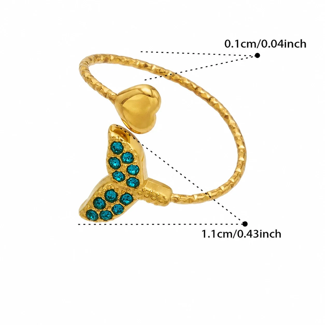 Marine Pavé CZ Heart-Tip Stainless Steel Open Ring - Gold Blue CZ Fish Tail