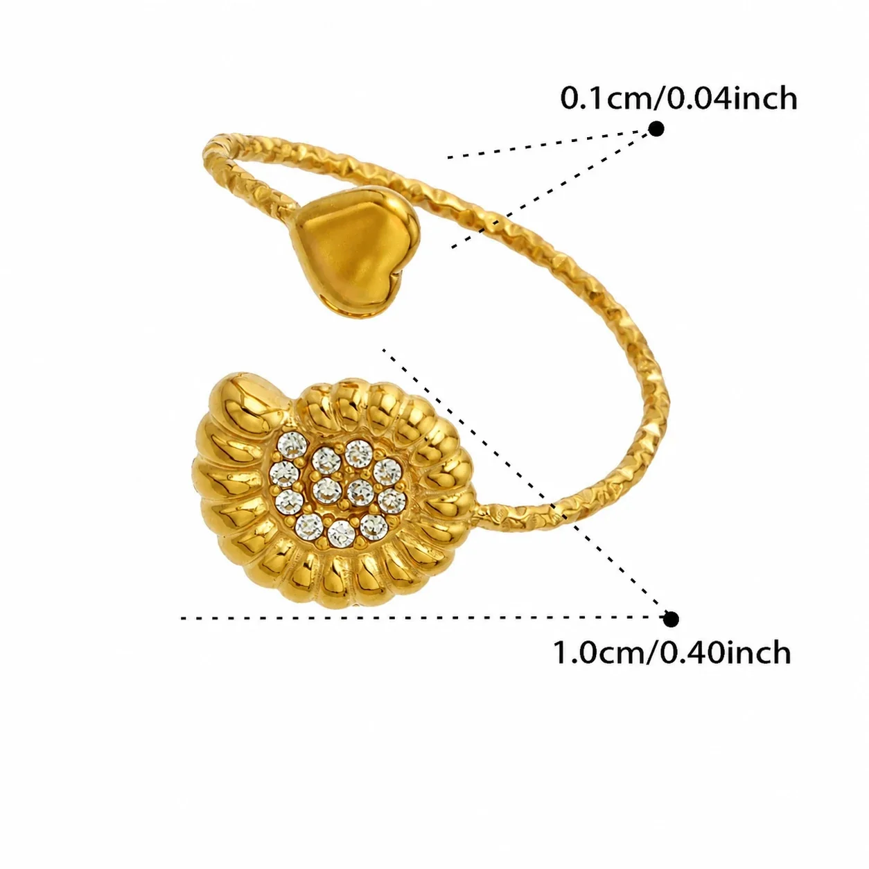Marine Pavé CZ Heart-Tip Stainless Steel Open Ring - Gold White CZ Conch
