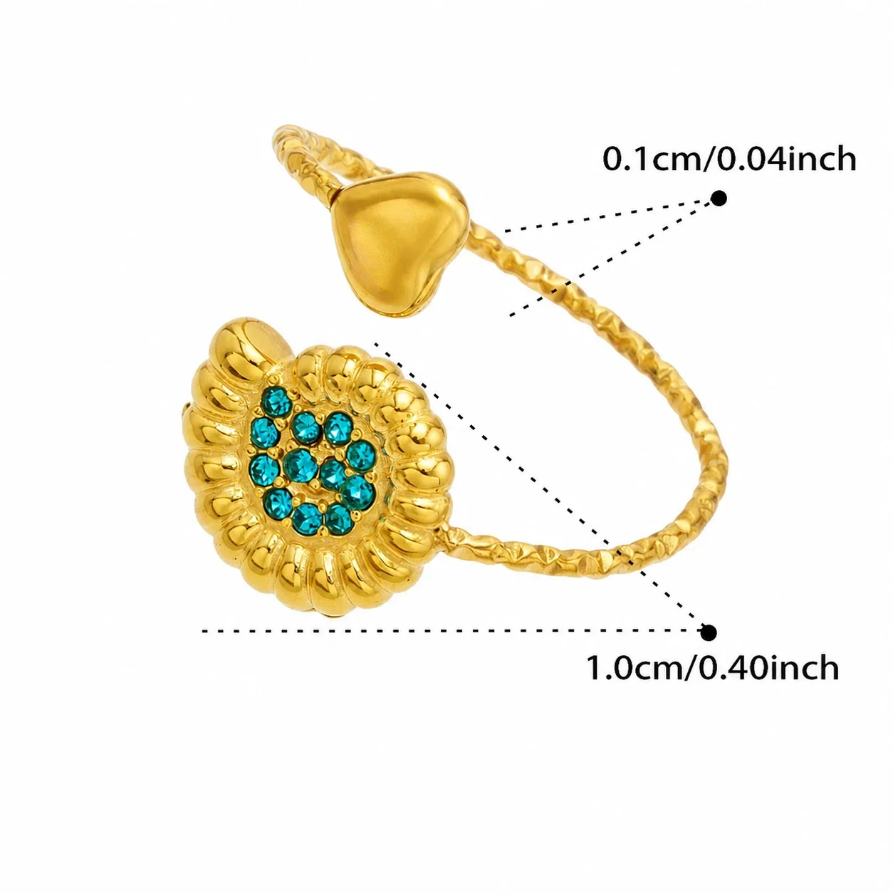 Marine Pavé CZ Heart-Tip Stainless Steel Open Ring - Gold Blue CZ Conch