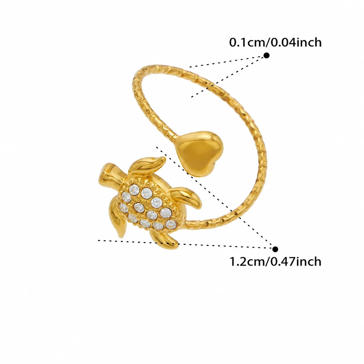 Marine Pavé CZ Heart-Tip Stainless Steel Open Ring - Gold White CZ Sea Turtle