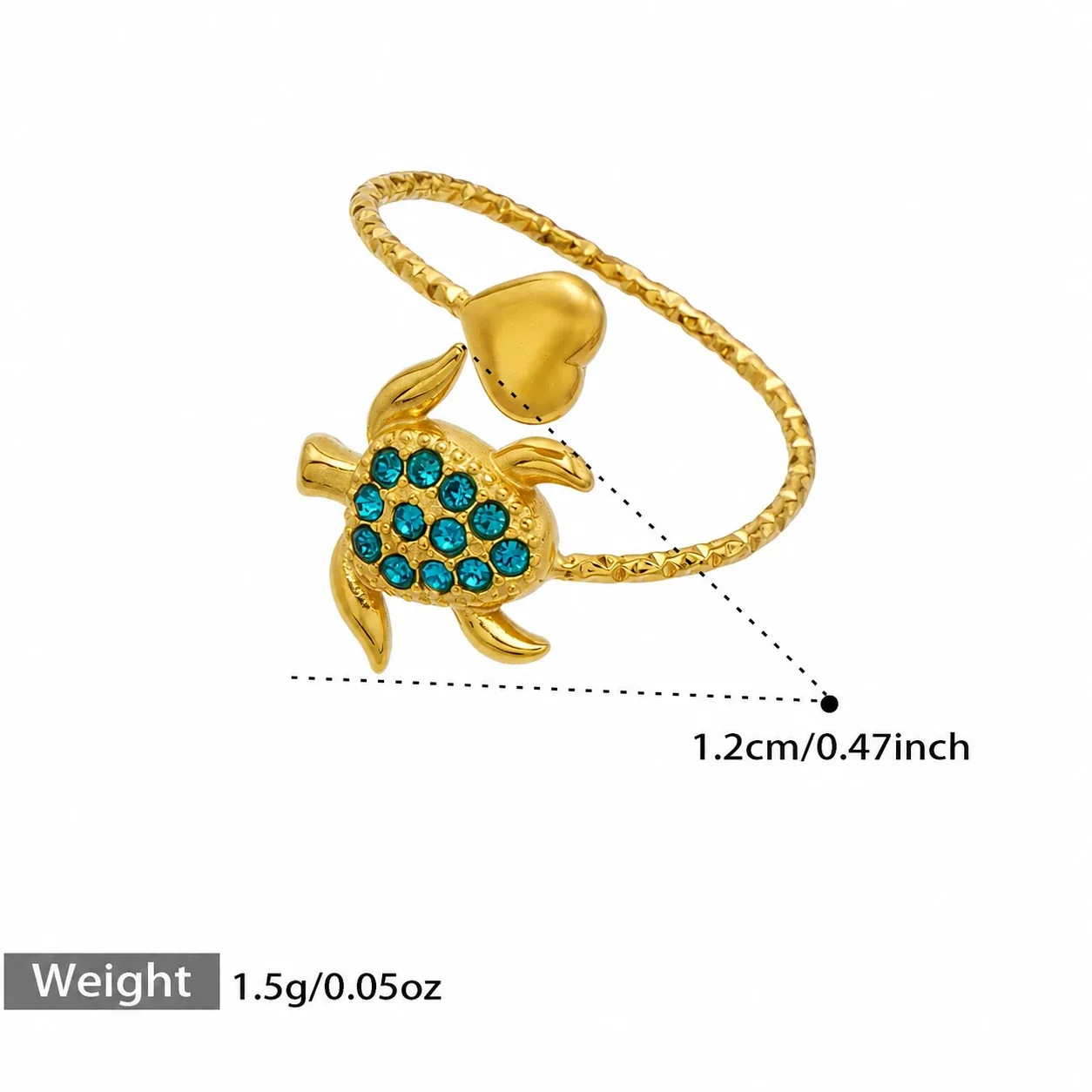 Marine Pavé CZ Heart-Tip Stainless Steel Open Ring - Gold Blue CZ Sea Turtle