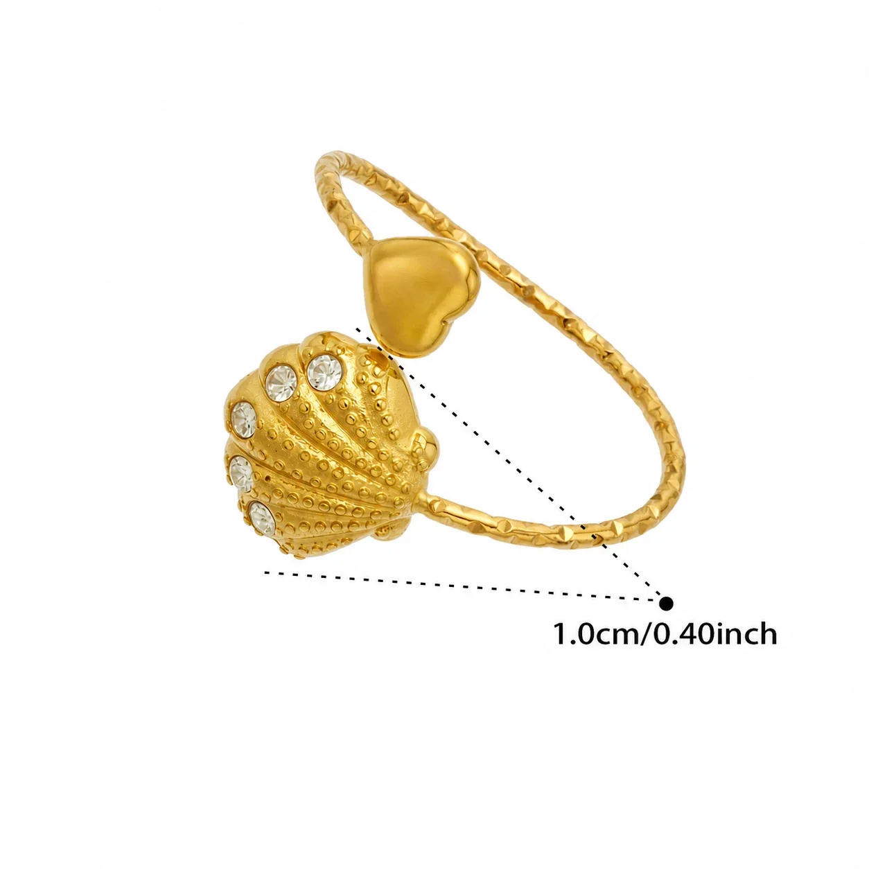 Marine Pavé CZ Heart-Tip Stainless Steel Open Ring - Gold White CZ Scallop