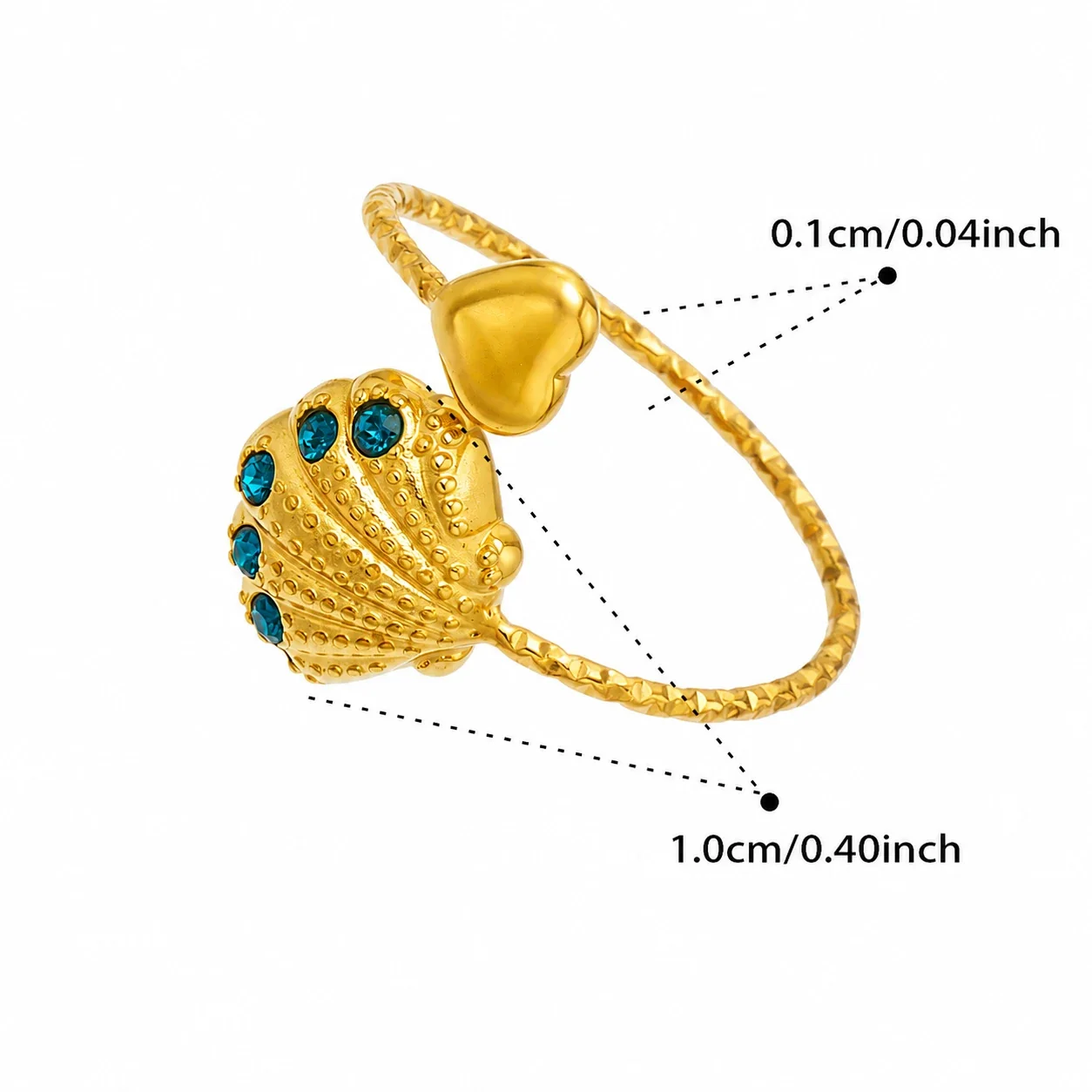 Marine Pavé CZ Heart-Tip Stainless Steel Open Ring - Gold Blue CZ Scallop
