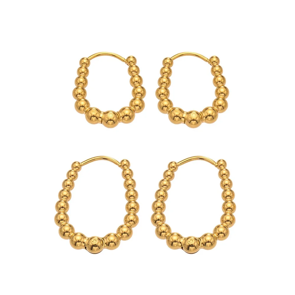 Polished Beaded Oval 316L Stainless Steel Hoop Earrings