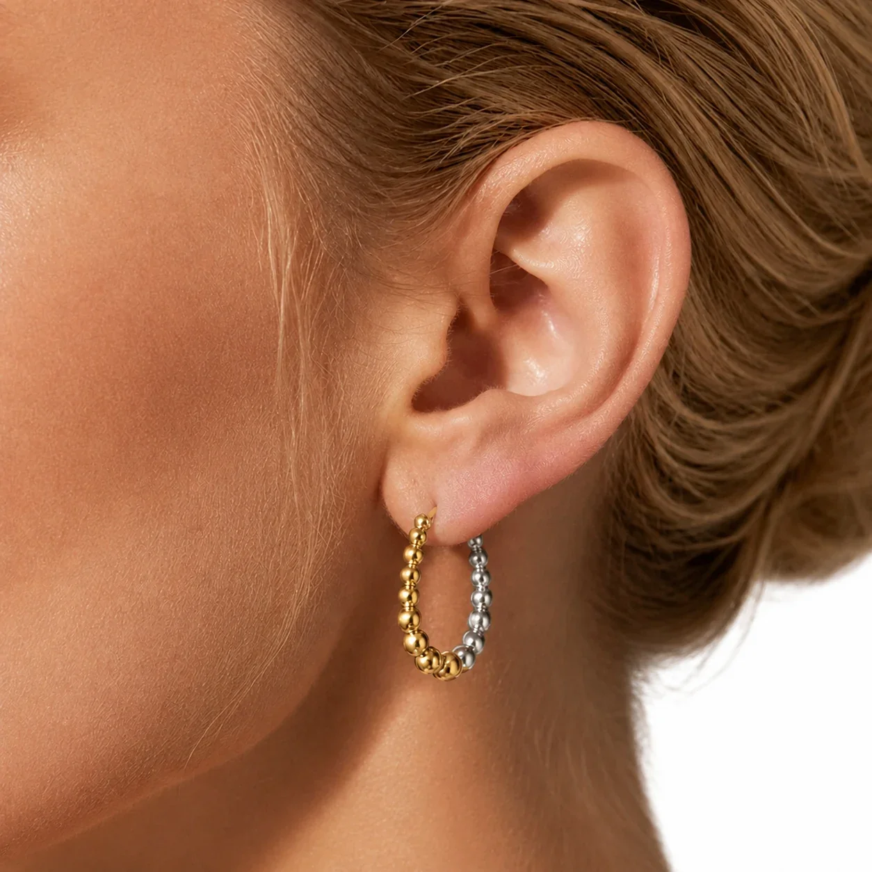 Polished Beaded Oval Stainless Steel Hoop Earrings