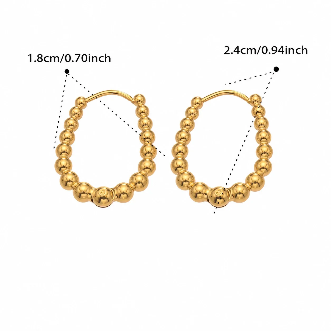 Polished Beaded Oval Stainless Steel Hoop Earrings - Gold 18 mm