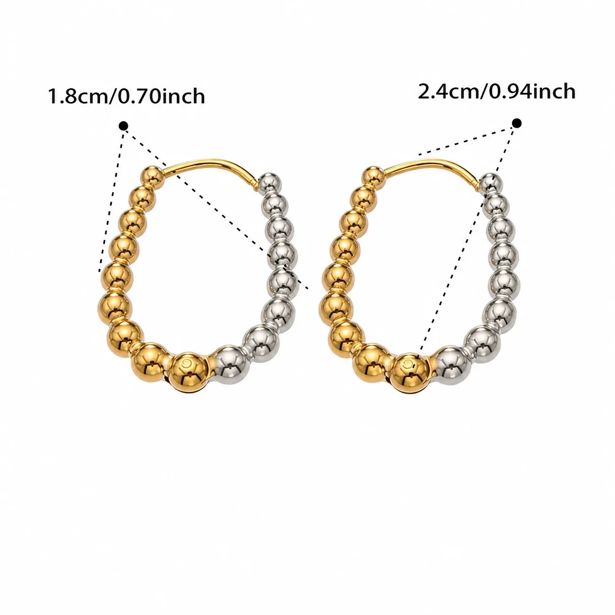 Polished Beaded Oval Stainless Steel Hoop Earrings - Two-Tone 18 mm