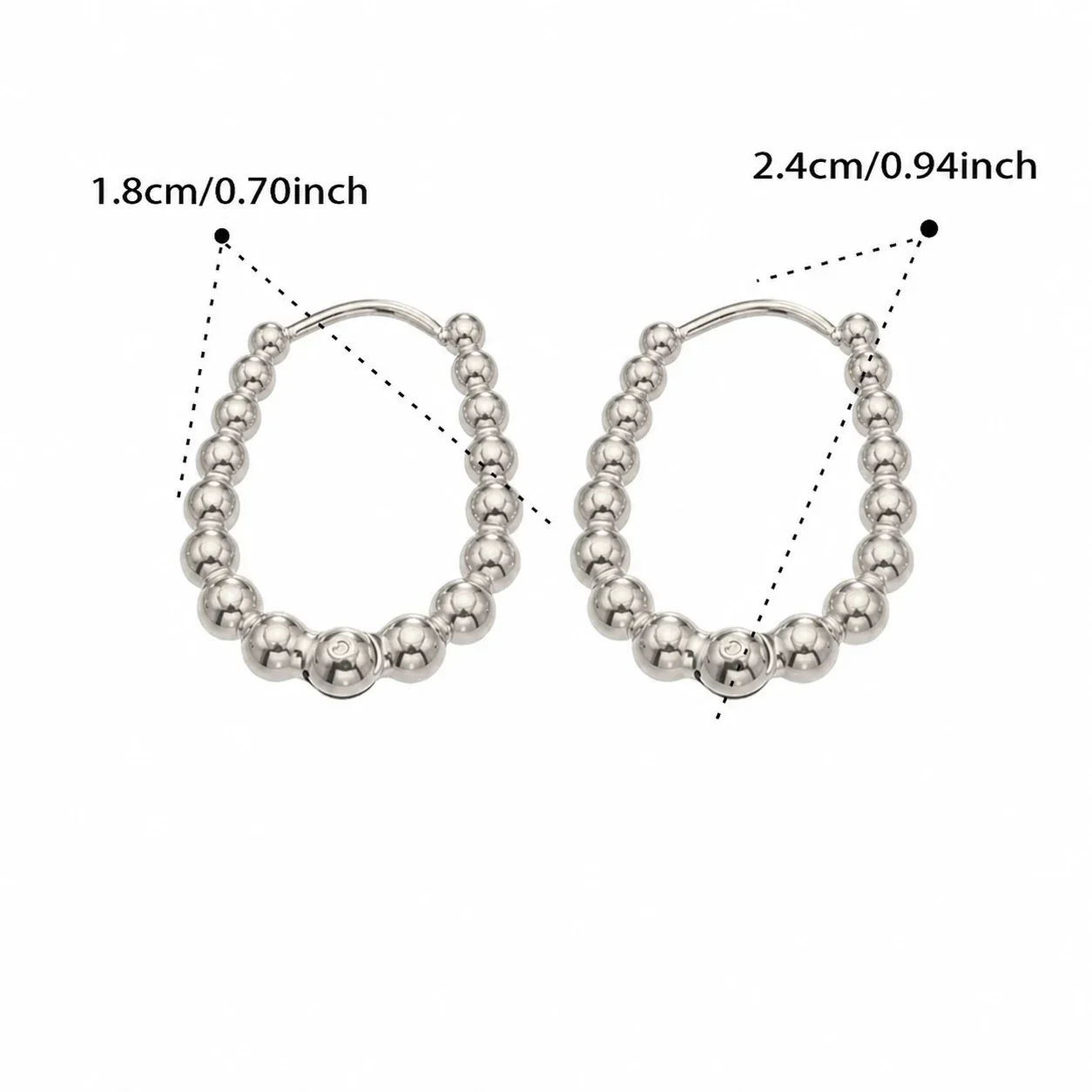 Polished Beaded Oval Stainless Steel Hoop Earrings - Silver 18 mm
