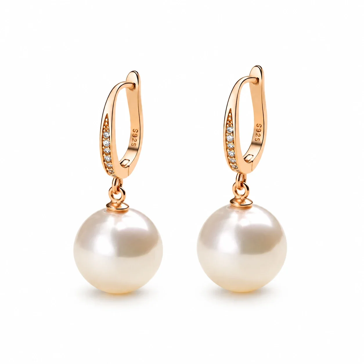 Lustrous 925 Sterling Silver Pavé Pearl Drop Hoop Earrings
