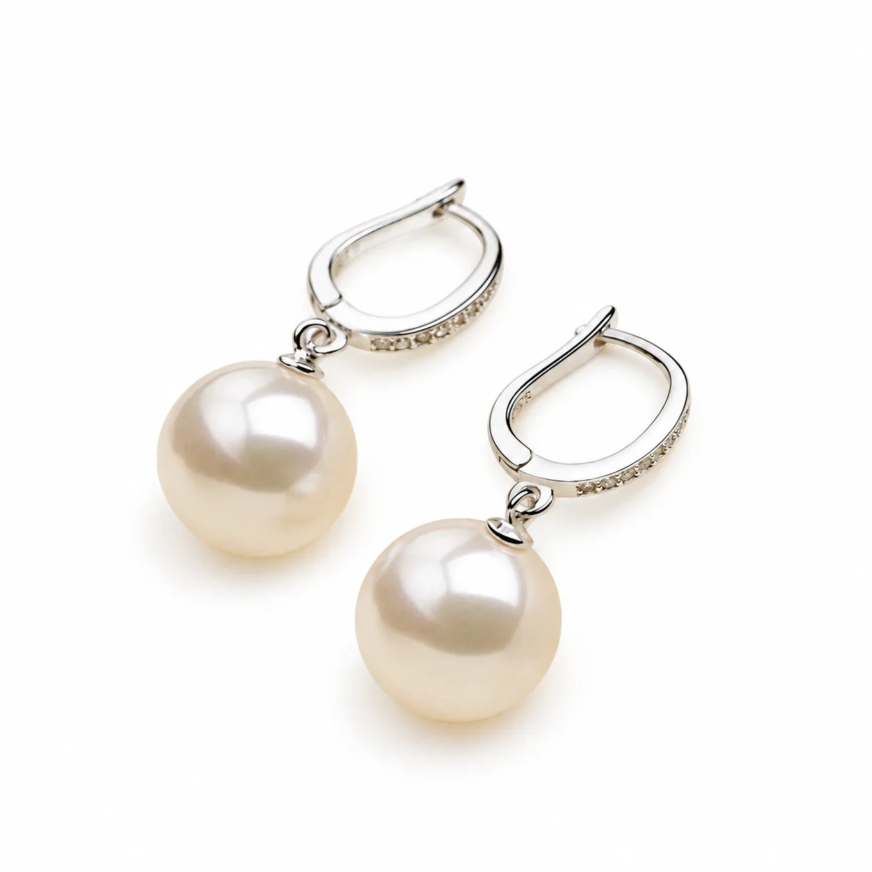 Lustrous 925 Sterling Silver Pavé Pearl Drop Hoop Earrings