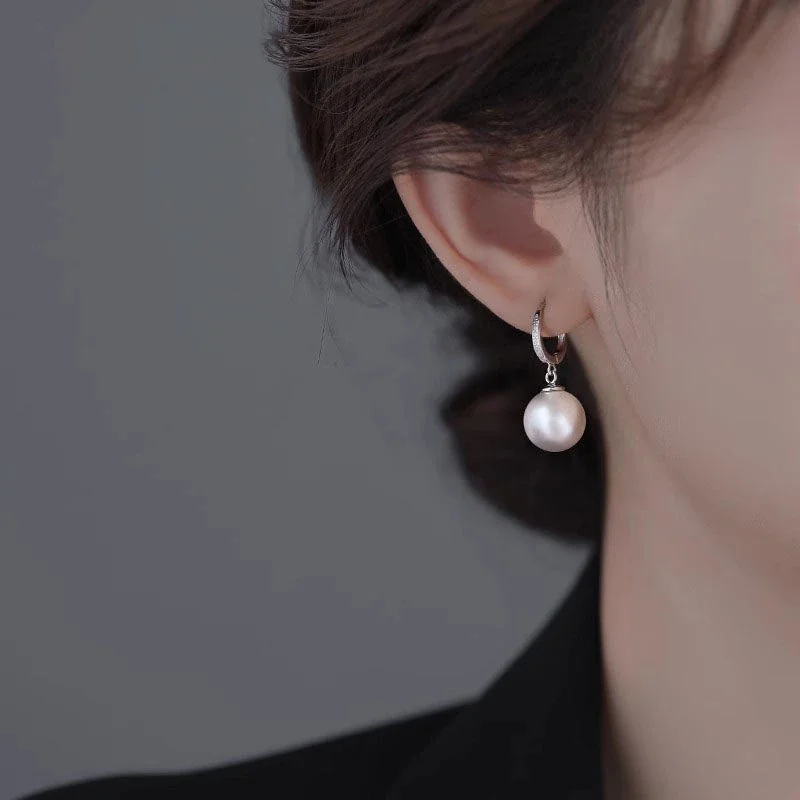 Lustrous 925 Sterling Silver Pavé Pearl Drop Hoop Earrings