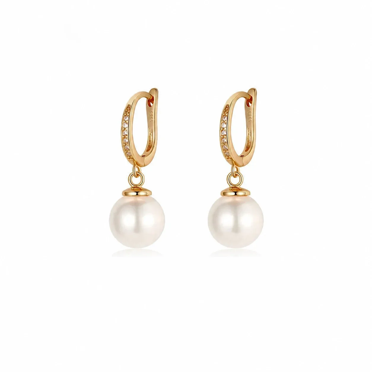Lustrous 925 Sterling Silver Pavé Pearl Drop Hoop Earrings - 10 mm Pearl