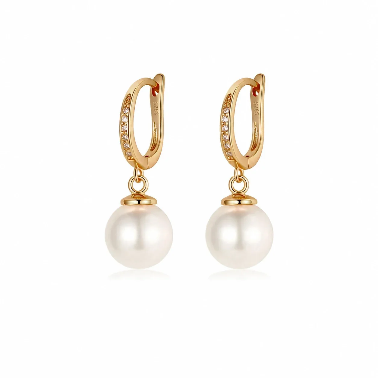 Lustrous 925 Sterling Silver Pavé Pearl Drop Hoop Earrings - 12 mm Pearl