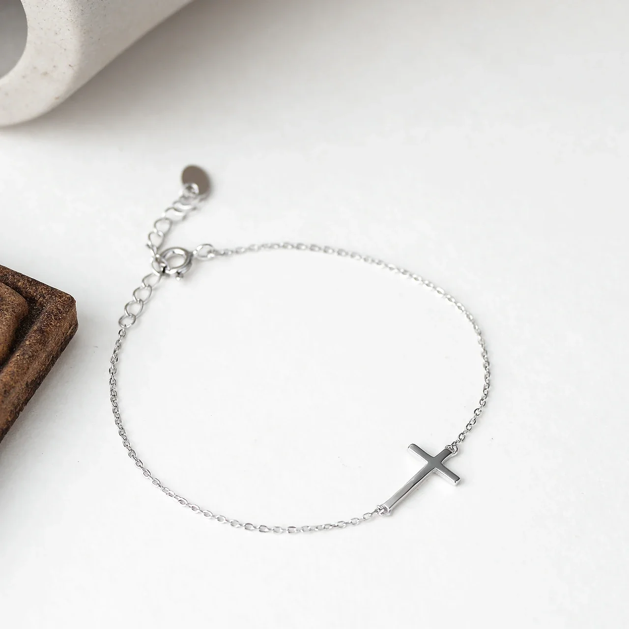 Minimal 925 Sterling Silver Sideways Cross Chain Bracelet