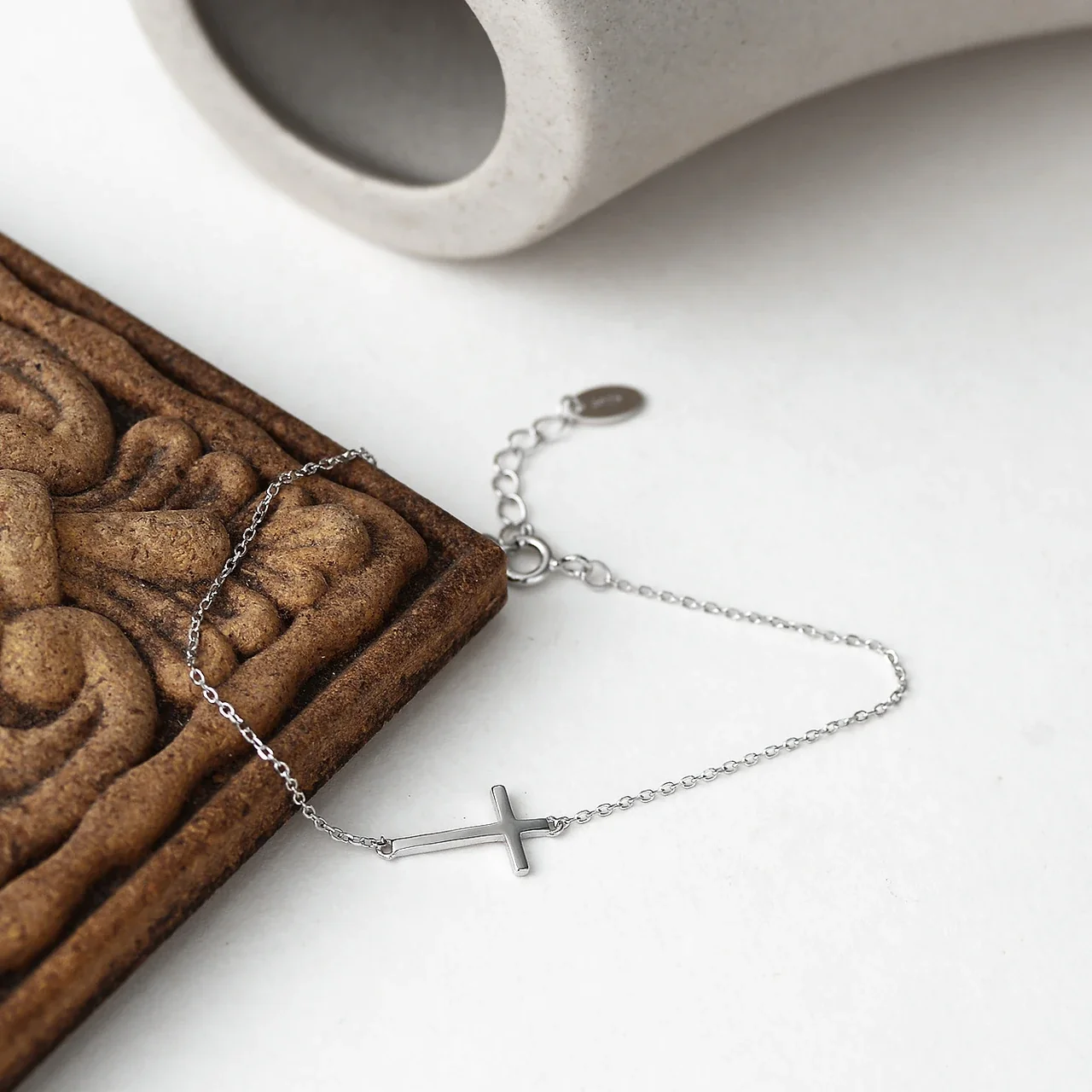 Minimal 925 Sterling Silver Sideways Cross Chain Bracelet