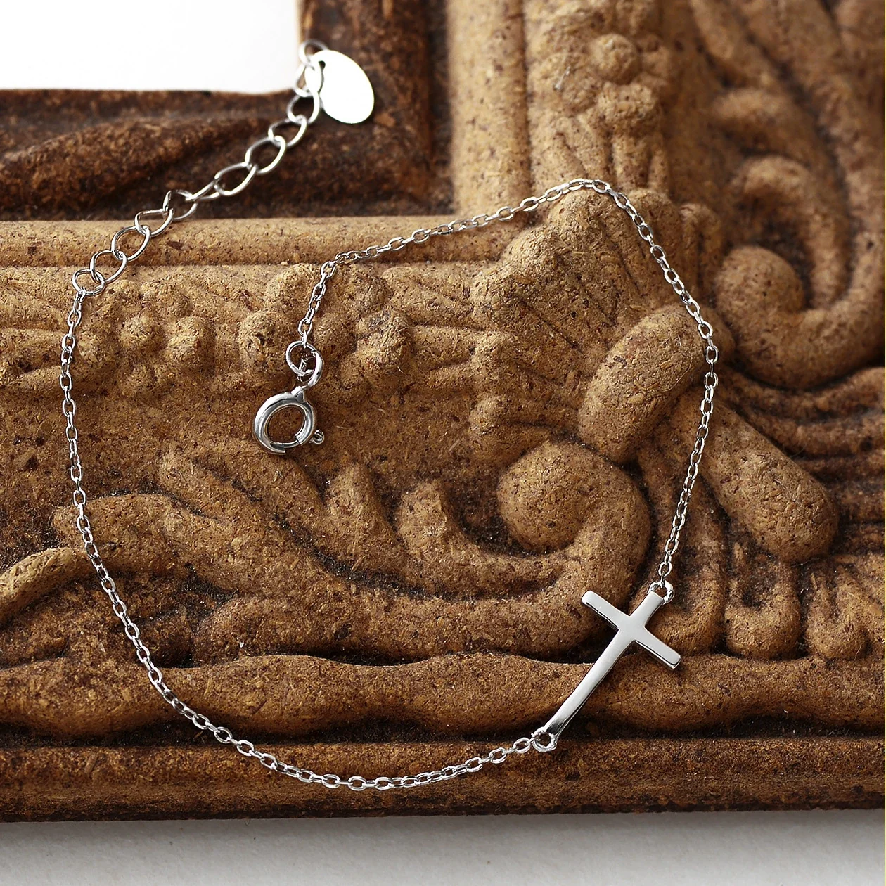 Minimal 925 Sterling Silver Sideways Cross Chain Bracelet