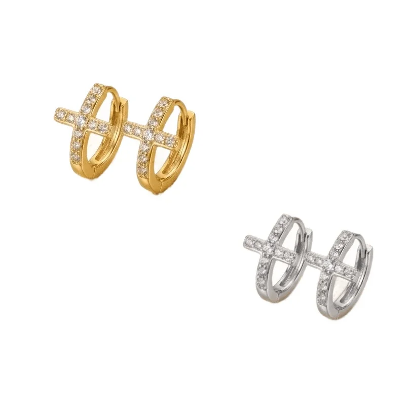 Cross Pavé 925 Sterling Silver Huggie Hoop Earrings