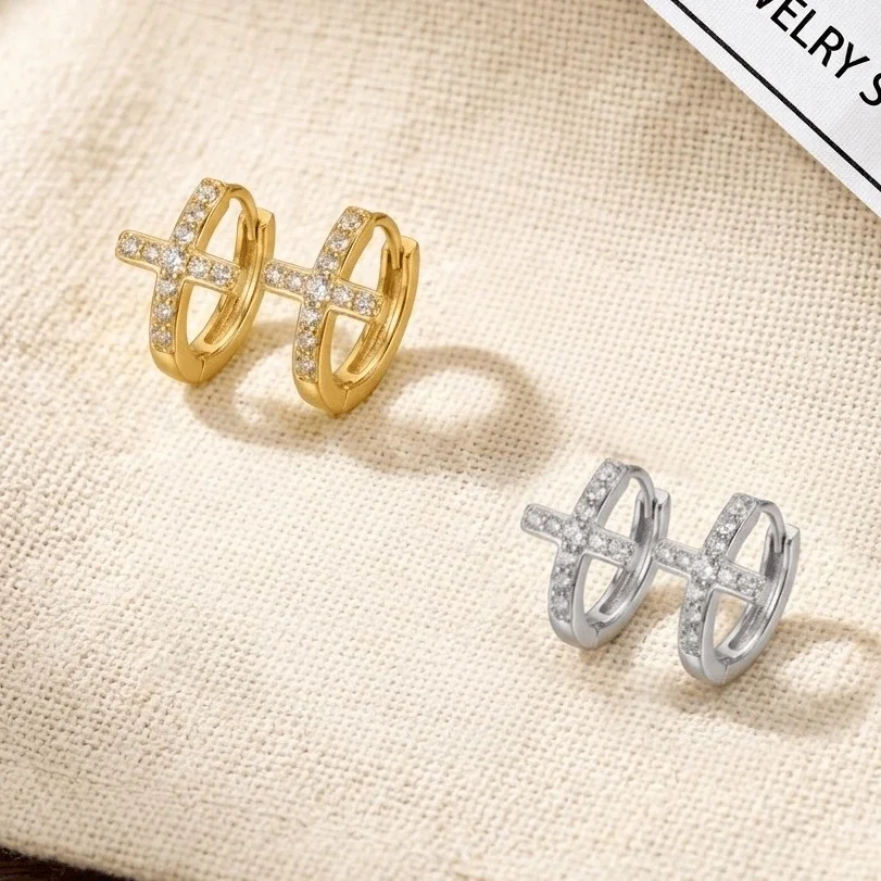 Cross Pavé 925 Sterling Silver Huggie Hoop Earrings