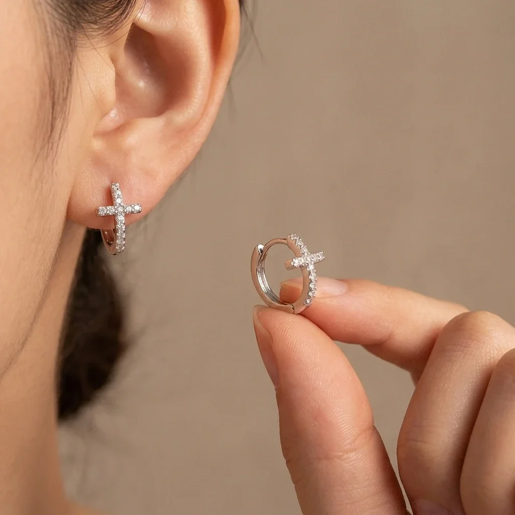 Cross Pavé 925 Sterling Silver Huggie Hoop Earrings