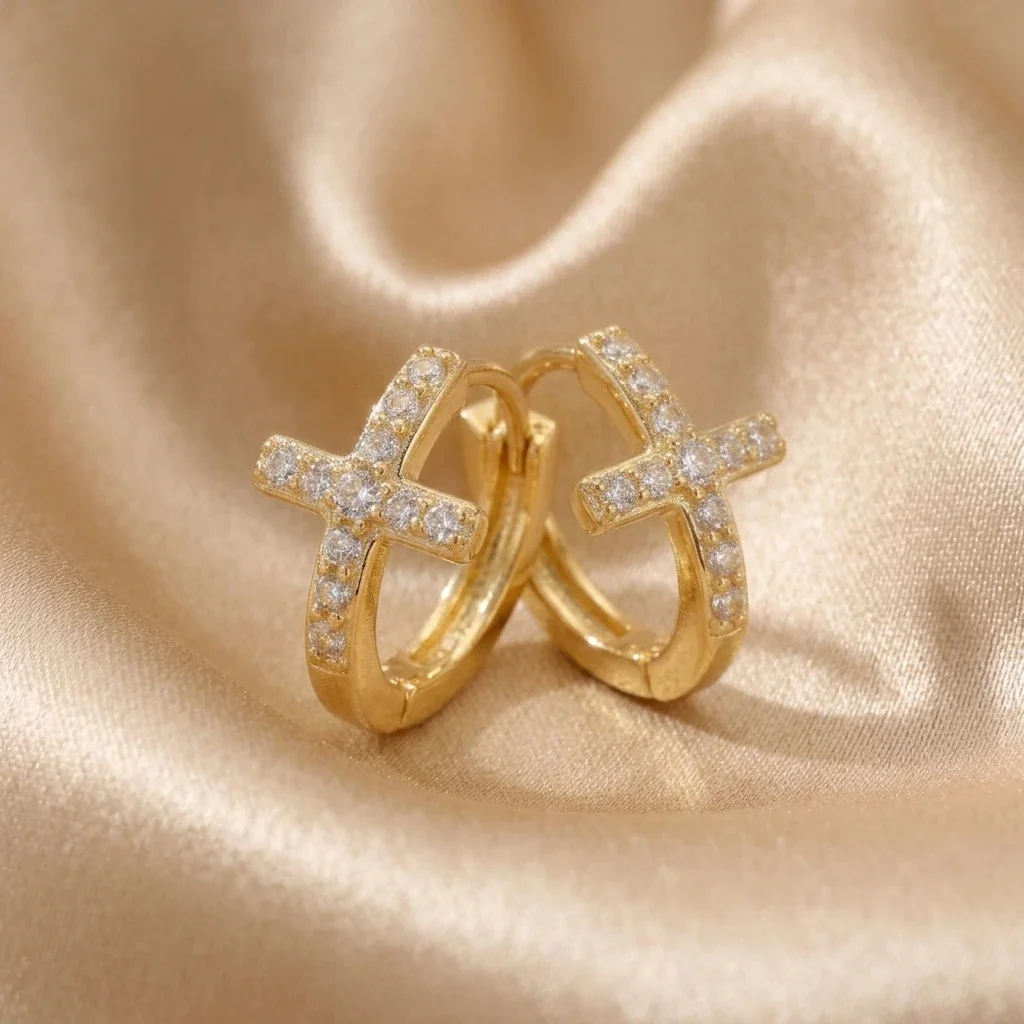 Cross Pavé 925 Sterling Silver Huggie Hoop Earrings