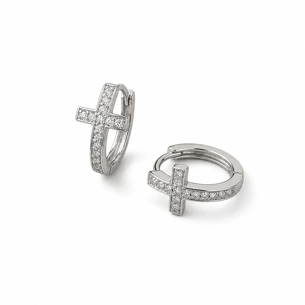 Cross Pavé 925 Sterling Silver Huggie Hoop Earrings