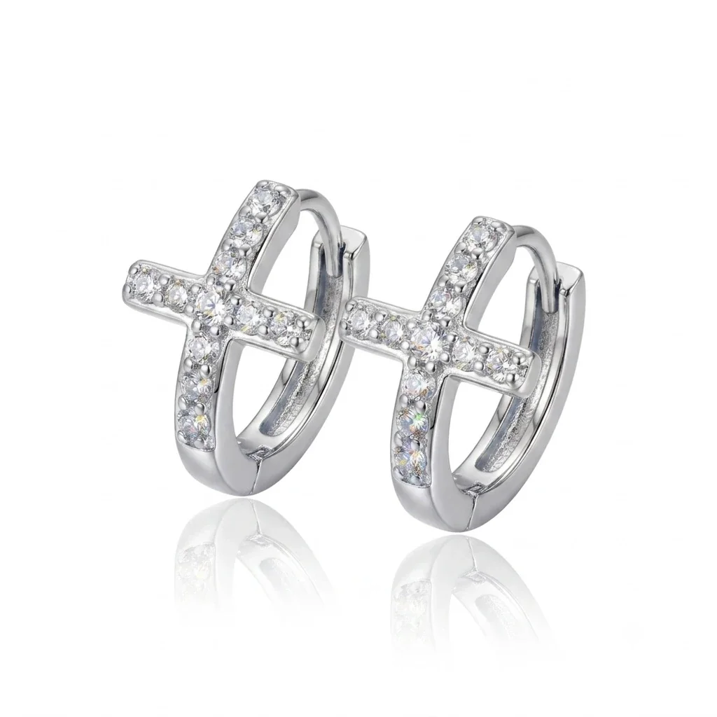 Cross Pavé 925 Sterling Silver Huggie Hoop Earrings - Silver