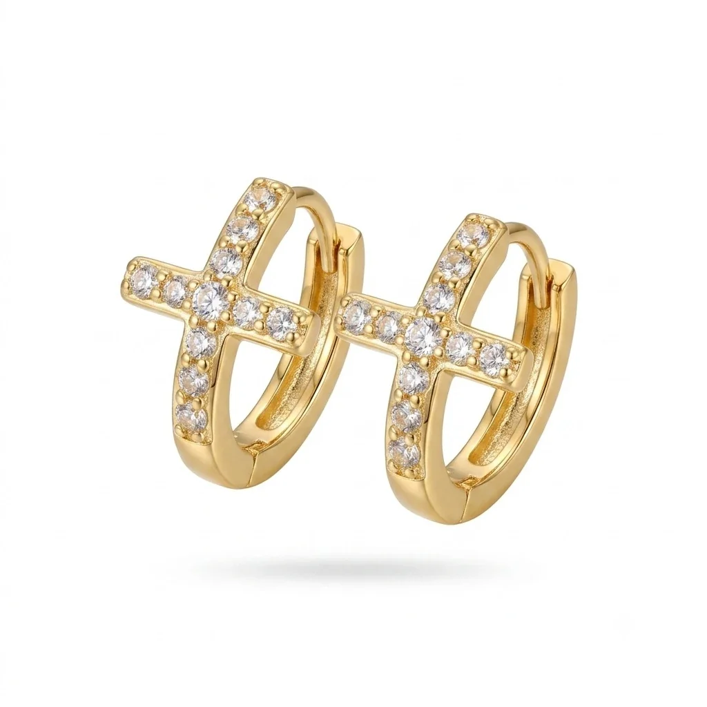 Cross Pavé 925 Sterling Silver Huggie Hoop Earrings - Gold