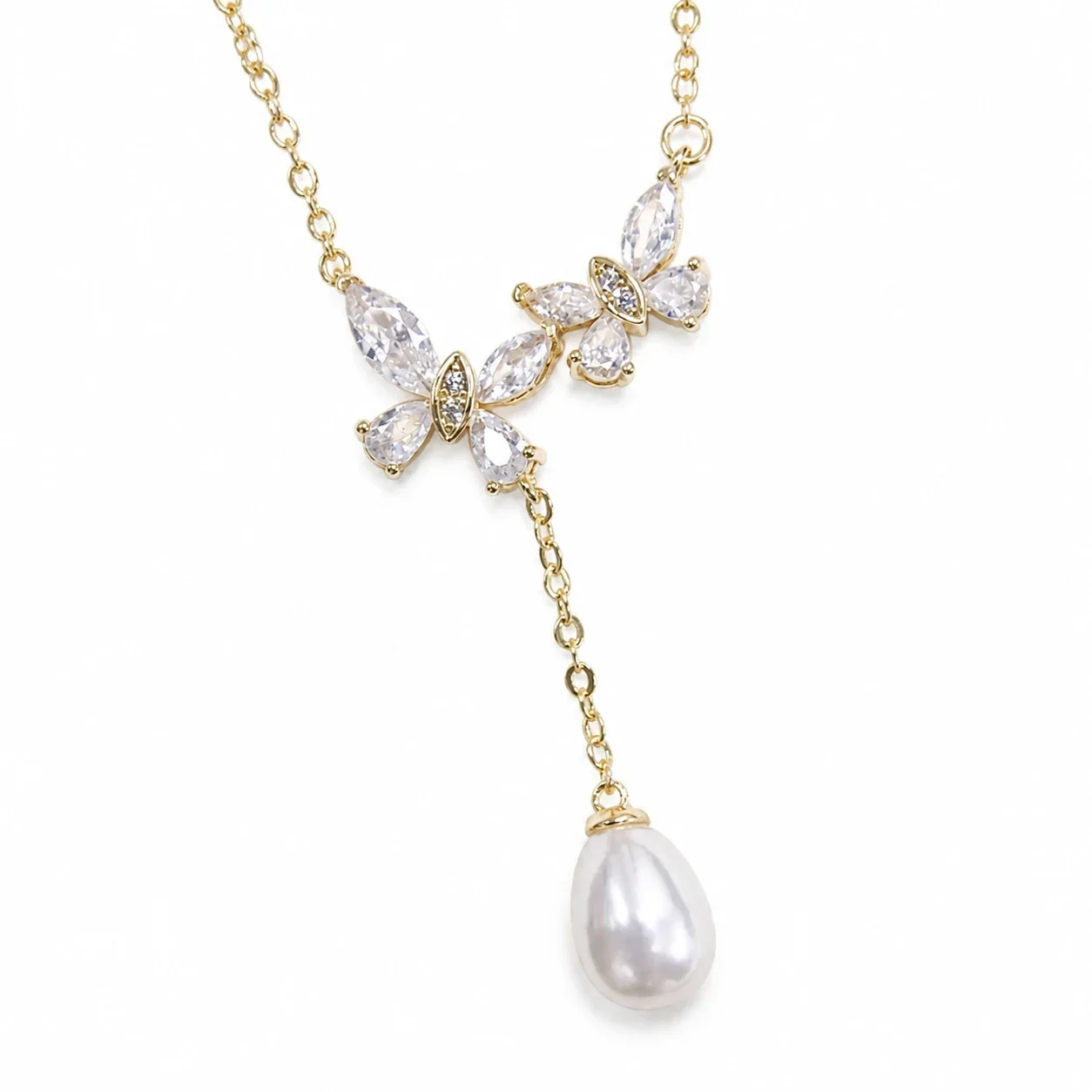 Delicate Gold-Plated Butterfly Pearl Y Drop Necklace