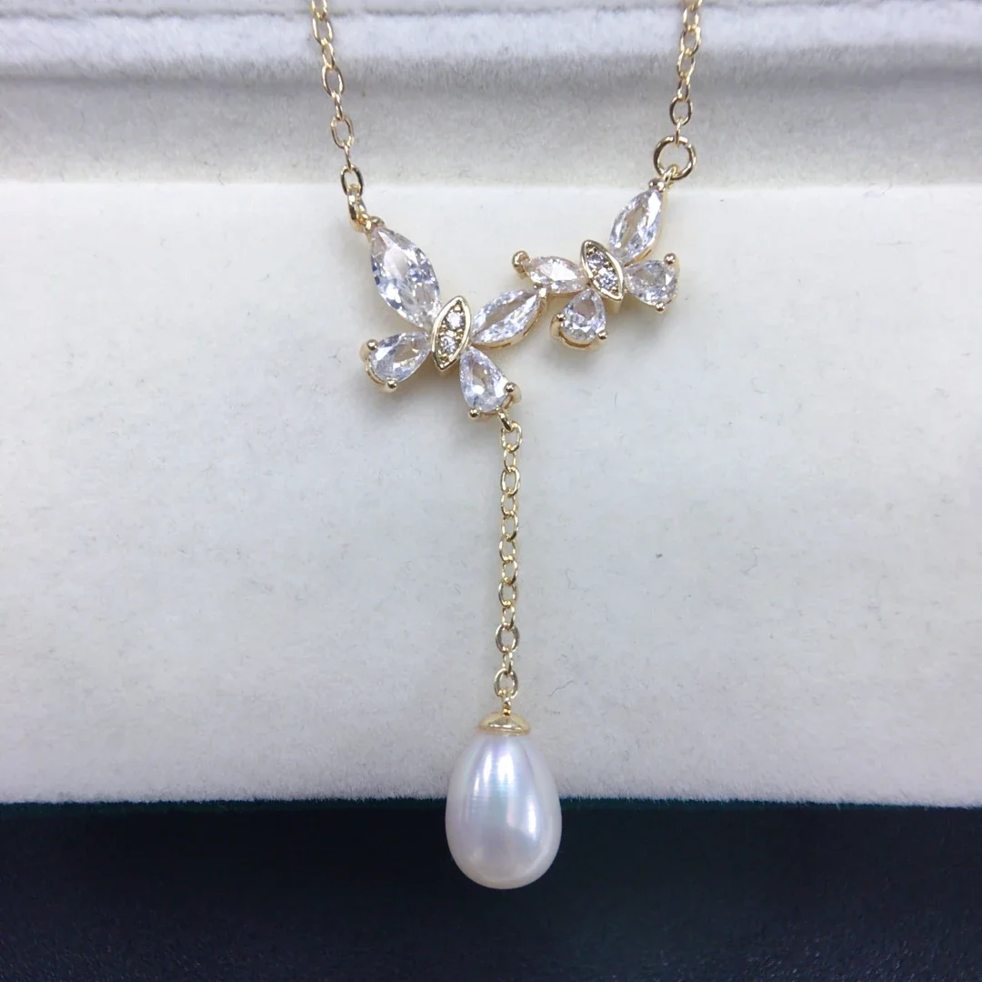 Delicate Gold-Plated Butterfly Pearl Y Drop Necklace