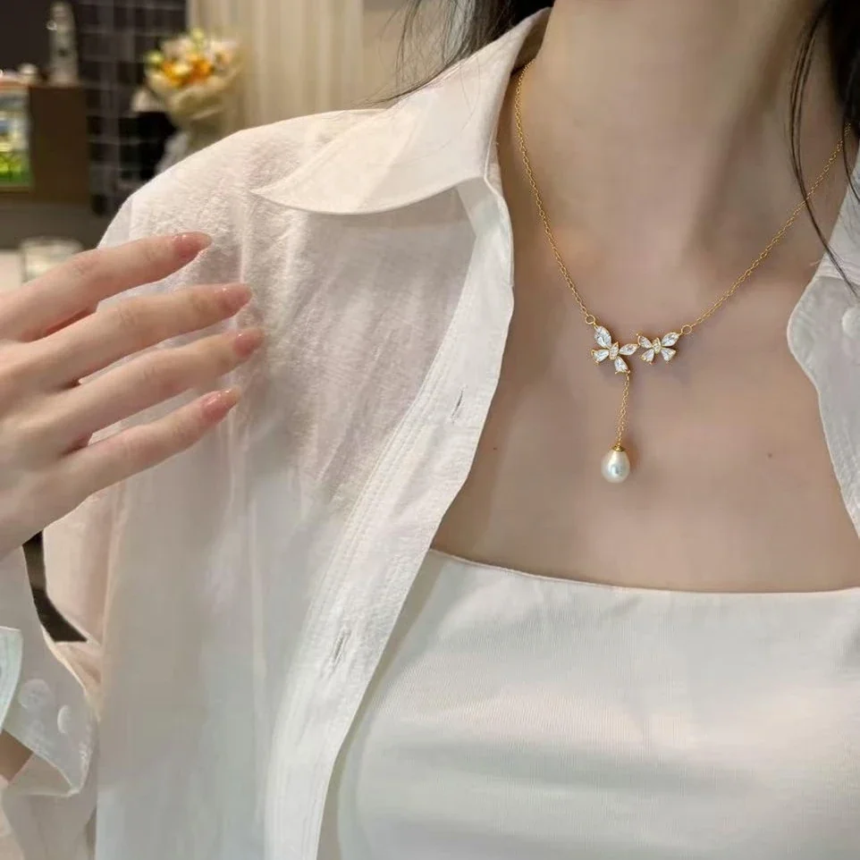 Delicate Gold-Plated Butterfly Pearl Y Drop Necklace