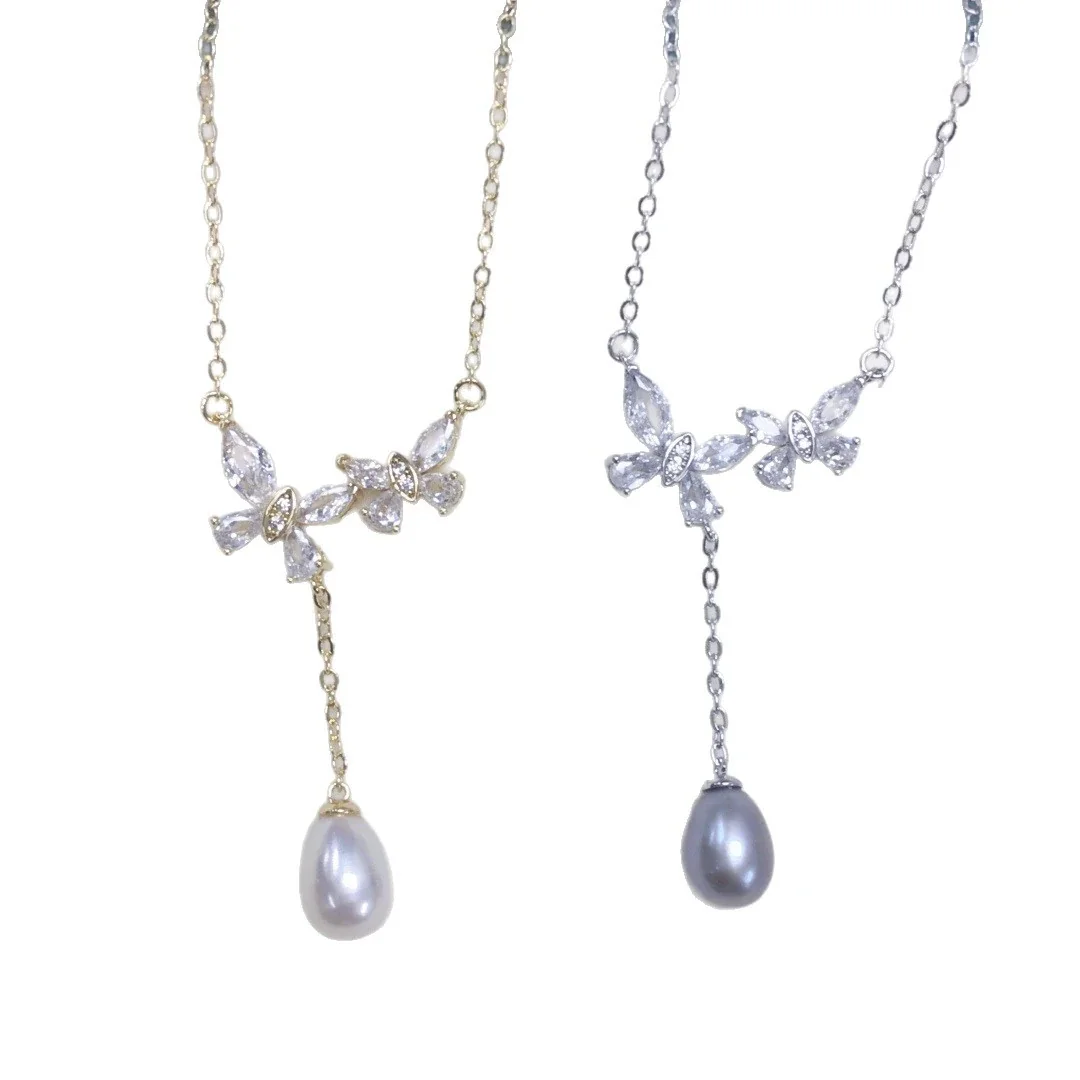 Delicate Gold-Plated Butterfly Pearl Y Drop Necklace