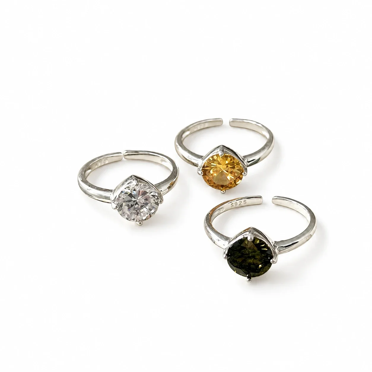 Faceted Round Cubic Zirconia Open Adjustable 925 Sterling Silver Ring