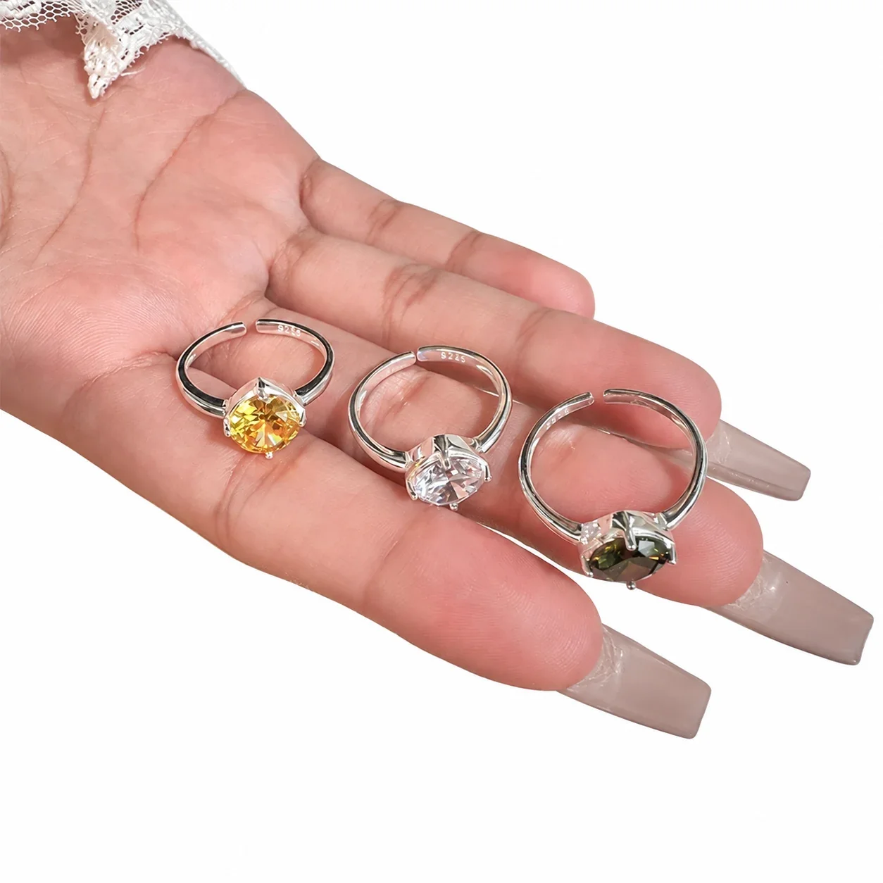 Faceted Round Crystal Open Adjustable 925 Sterling Silver Ring