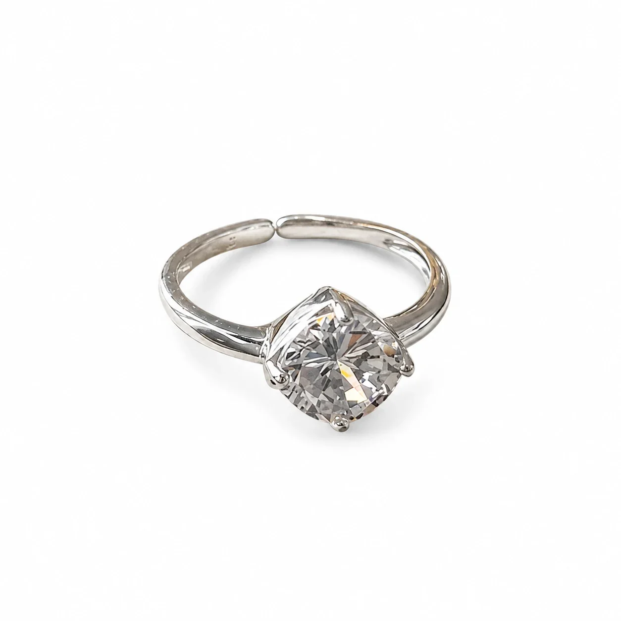 Faceted Round Crystal Open Adjustable 925 Sterling Silver Ring