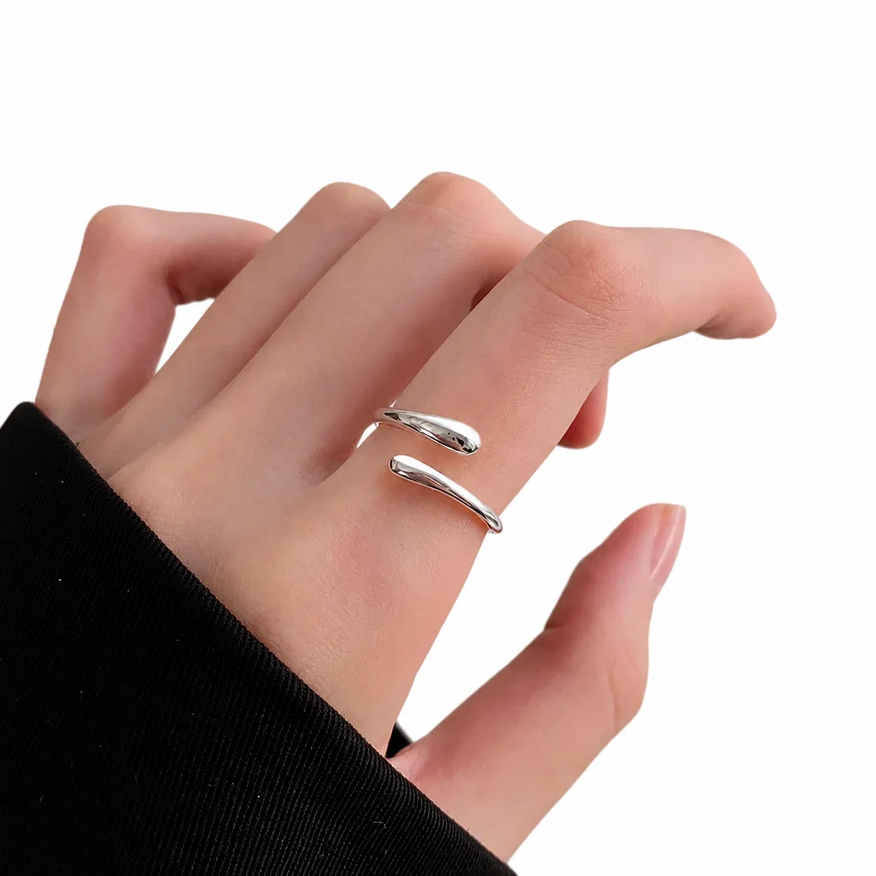 Sculptural 925 Sterling Silver Teardrop Open Ring